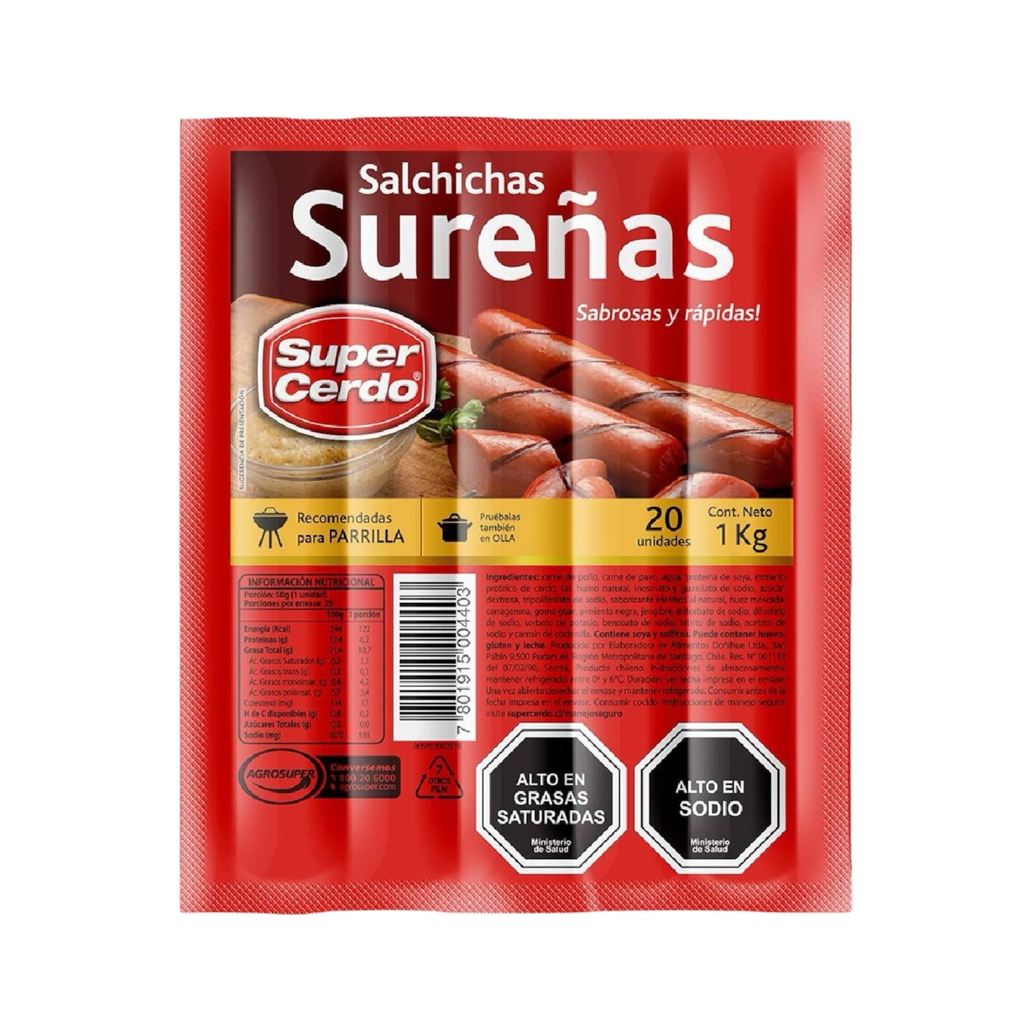 Salchichas Sureñas Súper Cerdo 1KG - 20 Unidades